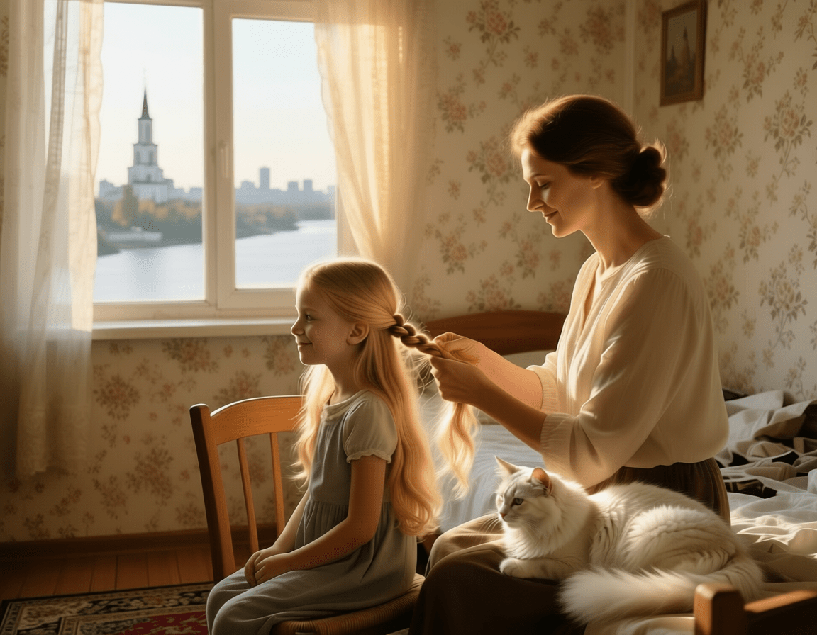 мама заплетает косы дочке